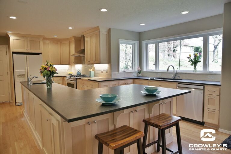 Modern kitchen with quartz counter top and bar stools