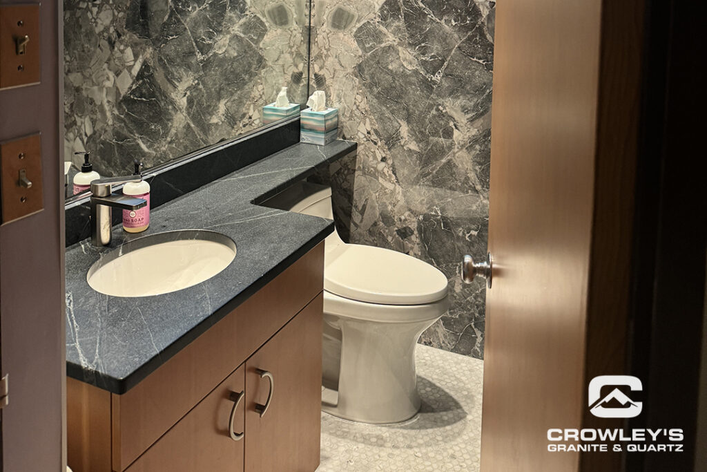 Blue gray bathroom counter top by Crowleys Granite