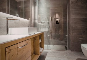 Bathroom vanity with countertop and glass shower remodel