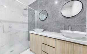 Double bathroom vanity with quartz countertop and vessel sinks