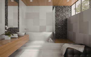 Luxury bathroom with custom countertops and full tile walls