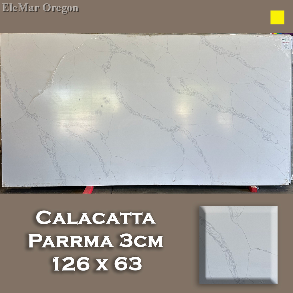 Calacatta Parrma quartz slab — EleQuence by EleMar Oregon